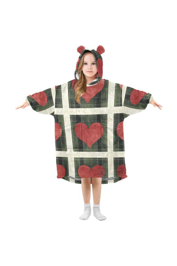 Green Plaid Hearts Valentine Flannel Wearable Blankets Hooded Design Long Sleeves Wrap Unisex for 3T-14Y S