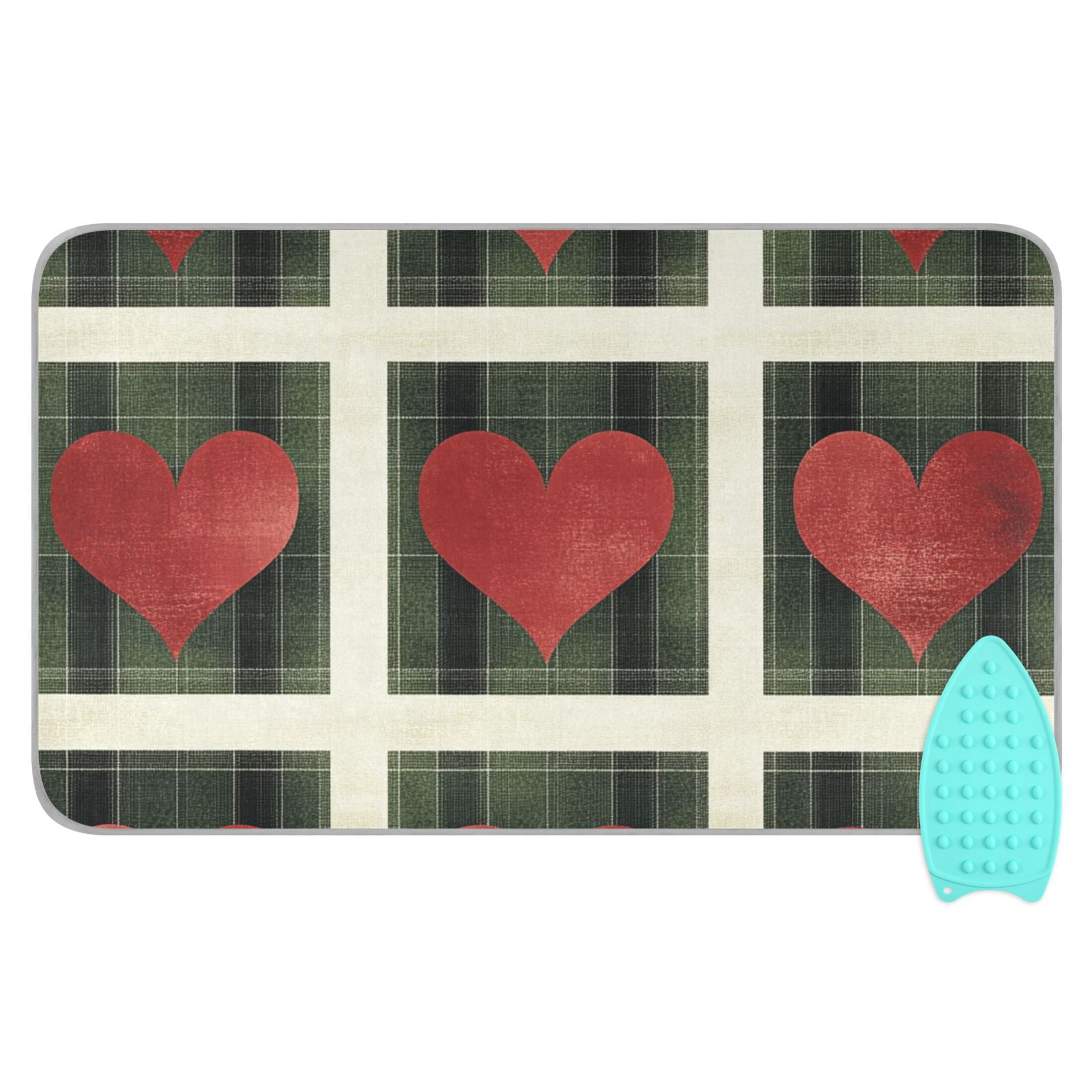 Green Plaid Hearts Valentine Ironing Mat Blanket Portable Travel Ironing Pad Heat Resistant Pad 47.2" x 27.6”