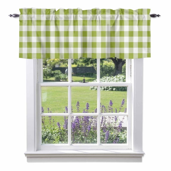Green Plaid Kitchen Curtain Valances for Windows Farmhouse Short Curtains, Gradient Geometric Buffalo White Checkered Rod Pocket Valance Curtain for Bedroom Cafe Living Room