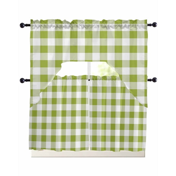 Green Plaid Kitchen Curtains Sets 24 Inch Length with Valance, Gradient Geometric Buffalo White Checkered Swag Valances and Tiers Curtain Set Drapes Swag Curtains for Living Room, Bathroom, Bedroom