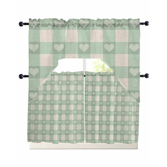 Green Plaid Kitchen Curtains Swag Valance and Tier Curtains Set 24 Inch Length, Country Cute Love Pastoral Heart Lattice Rod Pocket Drape Panels Pair Swag Curtain for Bathroom/Cafe/Window