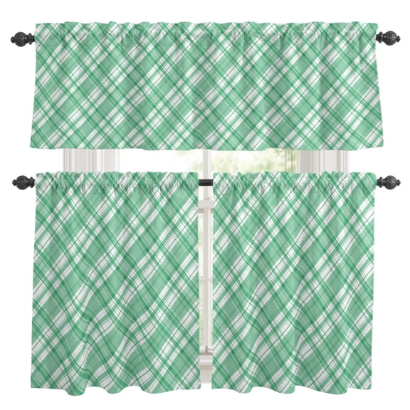 Green Plaid Kitchen Curtains Valances 3 Piece Set, White Stripes Spring Modern Mint Green Grids Rod Pocket Tier Curtain and Valance Drapes for Small Window 24 Inch Length for Bedroom Cafe