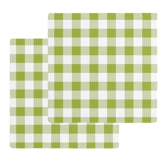 Green Plaid Kitchen Dish Towels for Drying Dishes Set of 2, Gradient Geometric Buffalo White Checkered Waffle Weave Microfiber Hand Tea Bathroom Towels Quick Dry & Absorbent Towel 12x12