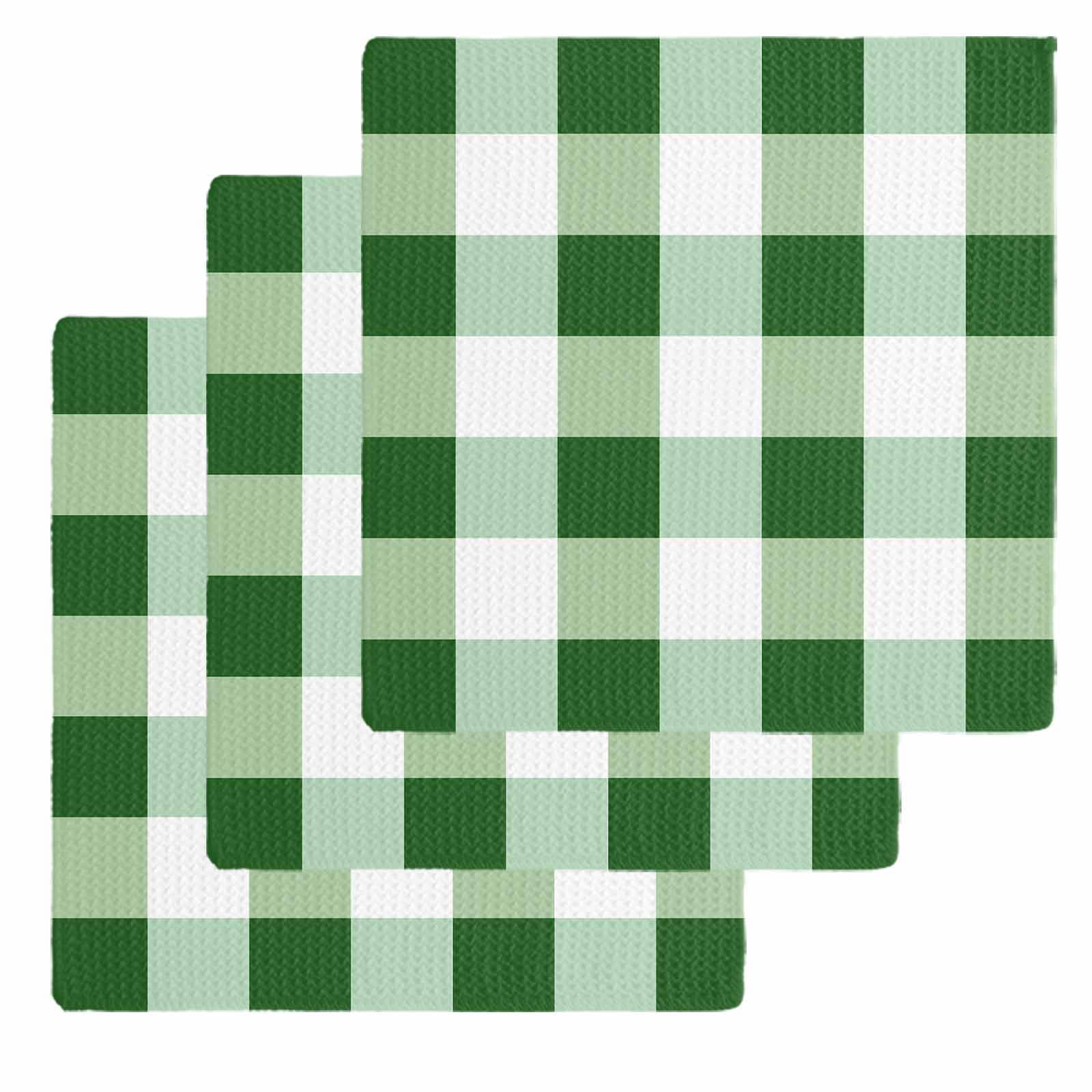 Green Plaid Kitchen Dish Towels for Drying Dishes Set of 3, Spring Summer Farmhouse Buffalo Checkered Waffle Weave Microfiber Hand Tea Bathroom Towels Quick Dry & Absorbent Towel 12x12