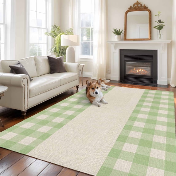 Green Plaid Large Area Rugs 5x8 ft Retro Country Green Plaid Linen Texture Washable Rug Non Slip Indoor Carpet Absorbent Floor Mat for Living Room Bedroom Dining Room