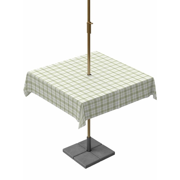 Green Plaid Outdoor Rectangle Tablecloth with Umbrella Hole 54"x54", Classic Sage Green Grid Checkered Lines Stripes Waterproof Zippered Table Cloth Wrinkle Free Wipeable Desk Covers for Patio Party