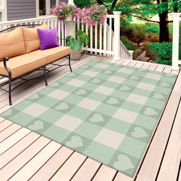 Green Plaid Outdoor Rug 6x9 Ft, Non Slip Washable Area Rug, Country Cute Love Pastoral Heart Lattice Patio Rugs Carpet Runner, Large Floor Mat for Indoor/Outdoor Deck Porch Camping