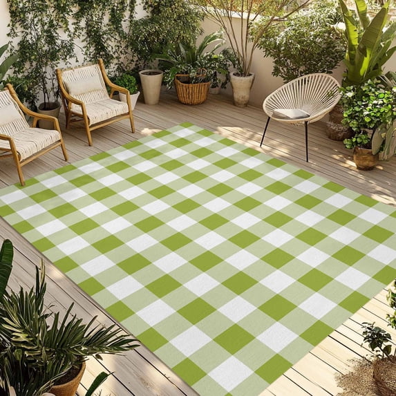 Green Plaid Outdoor Rug 6x9 Ft - Reversible Patio Rug Outdoor Camping Rugs, Gradient Geometric Buffalo White Checkered Washable Indoor Outdoor Area Rugs, Non-Slip Outdoor Carpet Runner for Deck/Porch