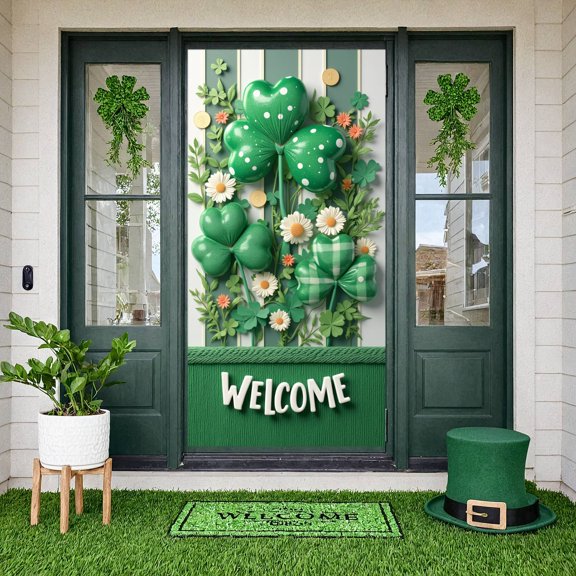 Green Plaid Pattern St. Patrick's Day Banner Clover Design Blessed Backdrop Religious Theme St. Patrick's Day Clover Cross Display for St. Patrick's Day Celebration Religious Gathering Church Event
