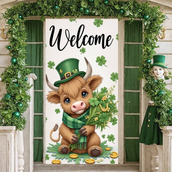 Green Plaid Pattern St. Patrick's Day Banner Clover Design Blessed Backdrop Religious Theme St. Patrick's Day Clover Cross Display for St. Patrick's Day Celebration Religious Gathering Church Event