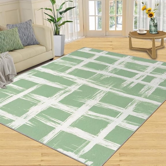 Green Plaid Print Rugs for Bedroom, Abstract Geometric Lines Area Rug, Nordic Style Rugs for Living Room, Indoor Non-Slip Rug, Machine Washable Carpet for Front Entrance Floor Decor 5 x 7ft