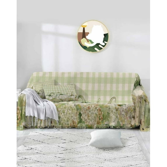 Green Plaid Pumpkin Sofa Covers for 3 Cushion,Washable Couch Cover for Sectional Sofa Slipcovers with Tassel,Thanksgiving Fall Floral Watercolor Loveseat Covers Futon Cover Throw Blanket 71''x118''