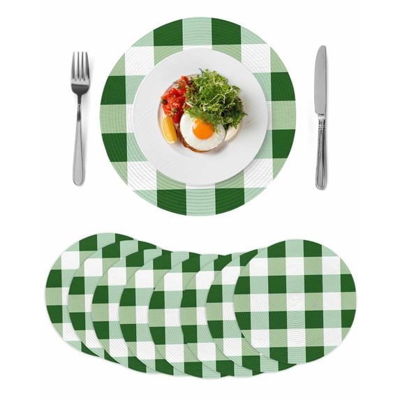Green Plaid Round 15 Inch Placemats Set of 8, Spring Summer Farmhouse Buffalo Checkered HeatResistant Non Slip Place Mats for Dining Table, Wipeable Braided Kitchen Table Mats for Housewarming