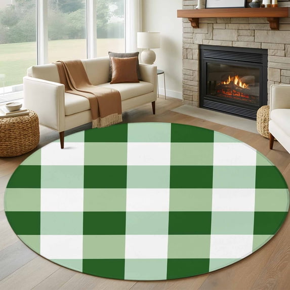 Green Plaid Round Area Rug 7 FT,Non Slip Living Room Area Carpet,Spring Summer Farmhouse Buffalo Checkered Washable Soft Circular Rug Non-Shedding Floor Carpet for Bedside Office Play Room Classroom