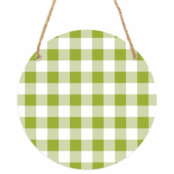 Green Plaid Round Front Door Welcome Sign, 7.8 Inch Wall Hanging Decor for Indoor Outdoor, Gradient Geometric Buffalo White Checkered Home Porch Hanger Decorations for Holiday Gift