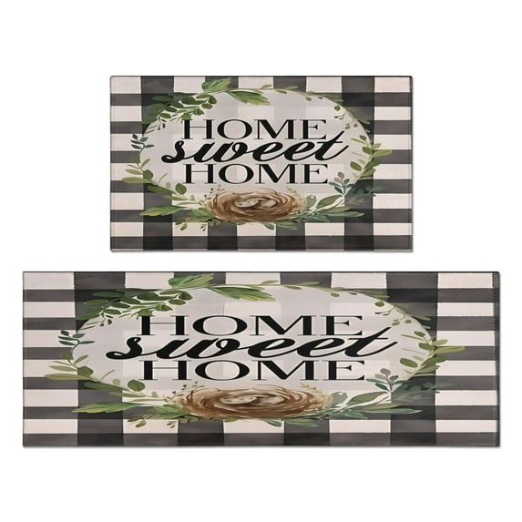 Green Plaid Rugs and Mats Non Skid Washable Absorbent Microfiber Soft Kitchen Mat for Floor Set Of 2 Decor Stain Resistant 17"x47"+17"x30"