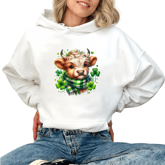 Green Plaid Scarf Highland Cow Print St Patrick’s White Hoodie S-2XL Festive Pullover Tops