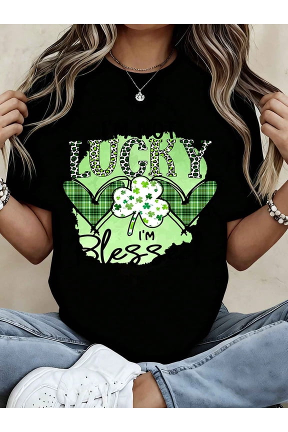 Green Plaid Shamrock Lucky I'm Bless Women Short Sleeve Graphic T-Shirt