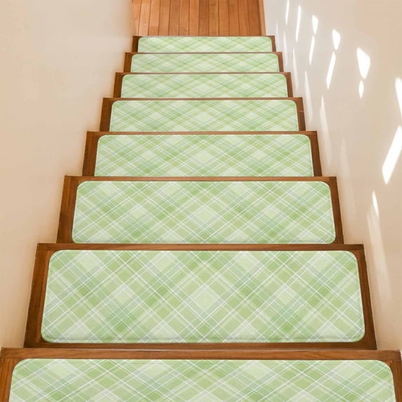 Green Plaid Stair Treads Non Slip for Steps Rustic Farmhouse Abstract 7 Pcs Reusable Adhesive Stair Runner Mats for Dogs Elders Carpet Treads Rugs for Staircase 8x30 In