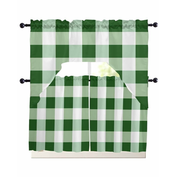 Green Plaid Swag Curtains for Living Room/Bedroom Windows, Spring Summer Farmhouse Buffalo Checkered Kitchen Curtains and Valances Set 36 Inch Length, Light Filtering Swags Valance Curtain Panels