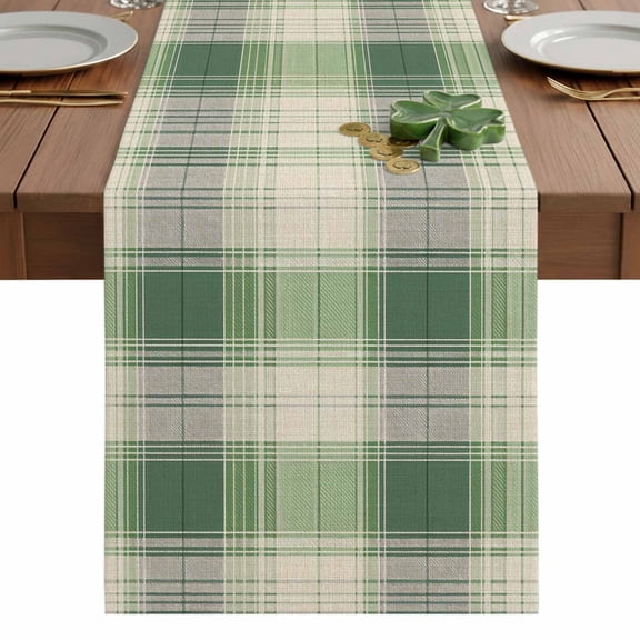Green Plaid Table Runner 13 x 120 Inch, St Patrick's Day Washable Cotton Linen Dining Table Runner Tabletop Decorations for Restaurant Home Kitchen Party