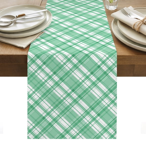 Green Plaid Table Runner, White Stripes Spring Modern Mint Green Grids Cotton Linen Table Cloth, Tablerunner for Kitchen Dining Party Wedding Home Decor 13x36 Inch