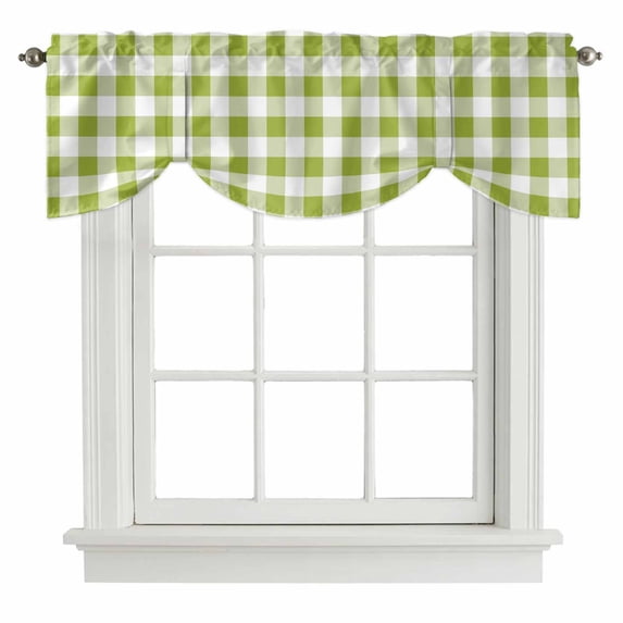 Green Plaid Tie Up Valance Curtains for Windows, Kitchen Curtains Window Shades, Gradient Geometric Buffalo White Checkered Light Filtering Roman Curtain Valances for Bedroom/Bathroom/Cafe 42"x12"