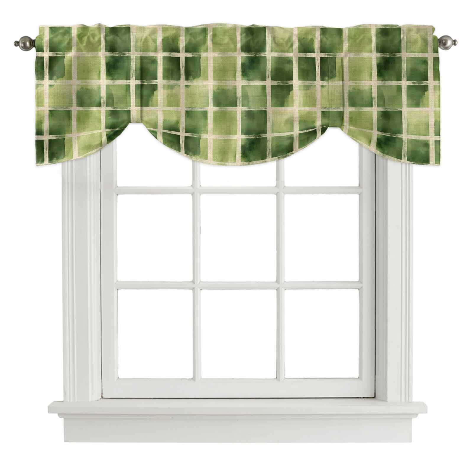 Green Plaid Tie Up Valance for Windows, Green Watercolor Grid ...