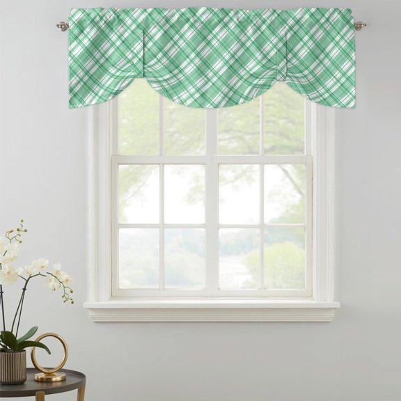 Green Plaid Tie Up Valances Curtain, White Stripes Spring Modern Mint Green Grids Kitchen Valances for Windows Decor, Rod Pocket Short Curtains Set for Bedroom/Bathroom, 42"x12"
