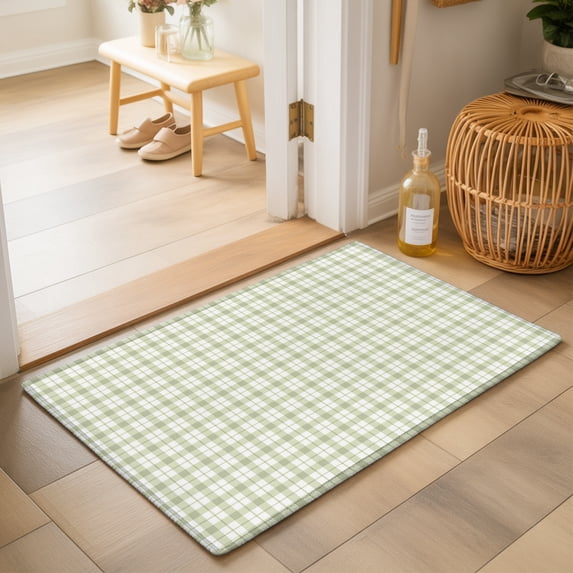 Green Plaid Washable Small Entryway Area Rugs 2'x3', Classic Sage Green Grid Checkered Lines Stripes Washable Throw Rug Non-Slip Sturdy Edge Binding Carpet for Front Door Floor Room Entry