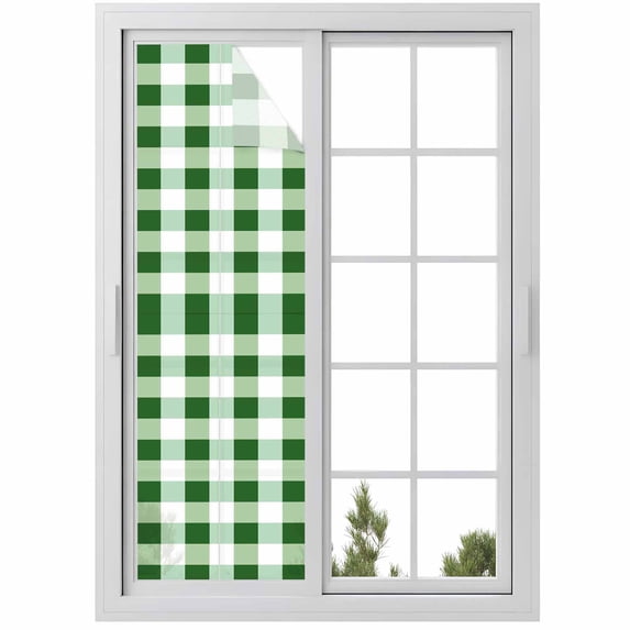 Green Plaid Window Privacy Film, Spring Summer Farmhouse Buffalo Checkered Static Cling UV Sun Blocking Heat Control Window Tint Day and Night,Non-Adhesive One Way Windows Privacy Cover 17.7''x78.7''