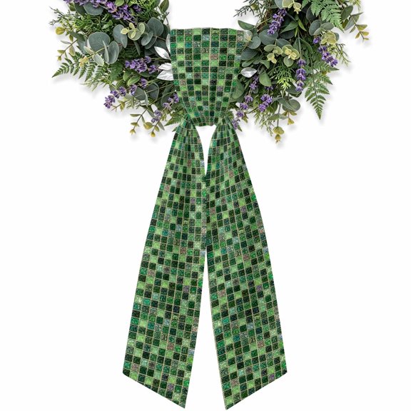 Green Plaid Wreath Sash for Front Door, Turquoise Forest Green Grid Emerald Green Bolck Rustic Satin Wreath Ribbon Bow Accessory Garland Home Decor for Doorway Porch Yard 4.5x56