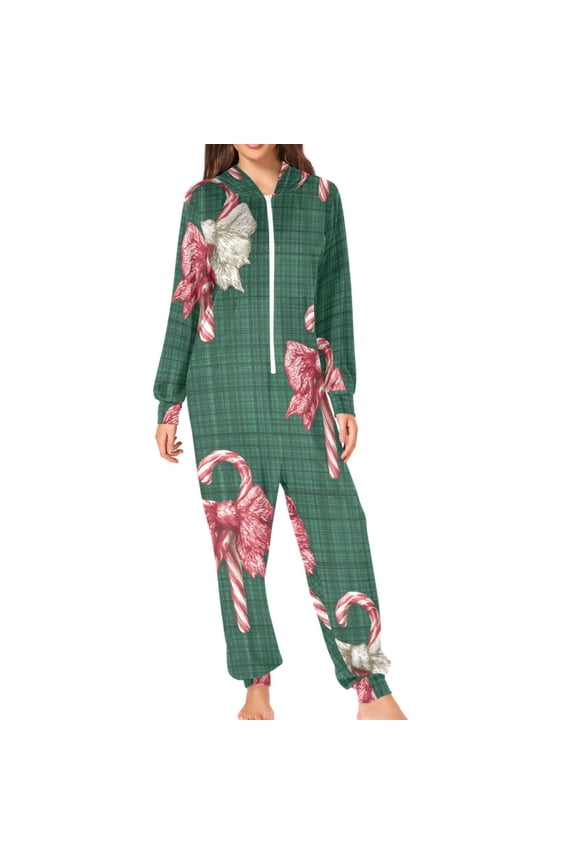 Green Plaids Bows on Candy Canes Christmas Adult's Hoodie Onesie Jumpsuit One-Piece Pajamas with Zipper Unisex for Holiday M