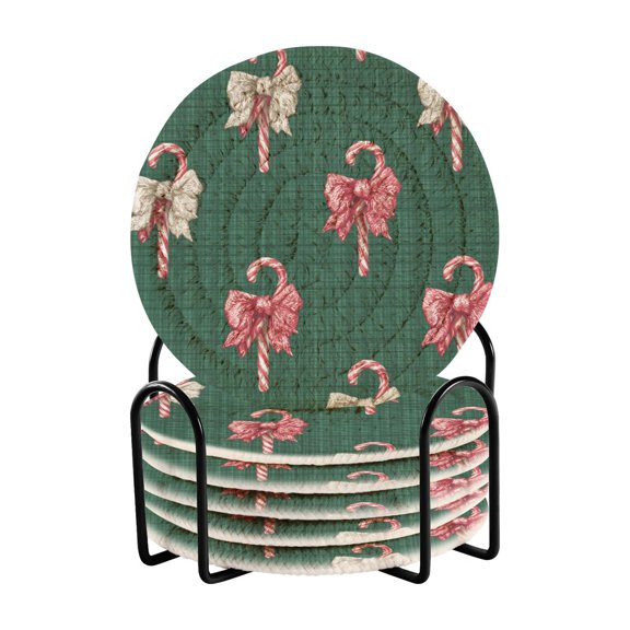 Green Plaids Bows on Candy Canes Christmas Drinking Coasters Cup Mat with Holder for Kitchen Cafe Bar 6 Packs