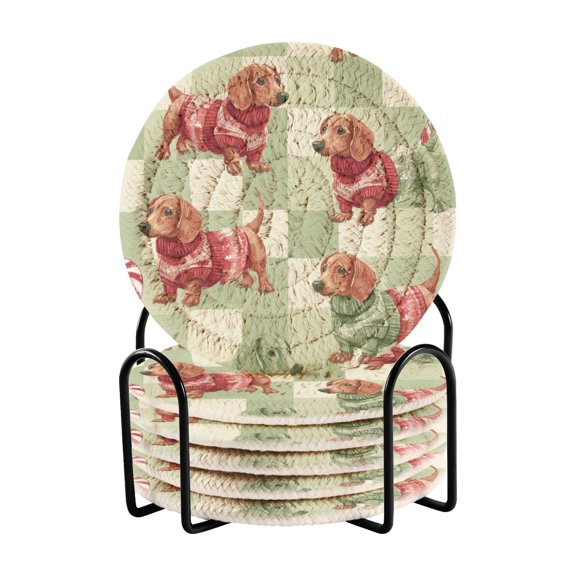 Green Plaids Dachshund Christmas Candy Cane Drinking Coasters Cup Mat with Holder for Kitchen Cafe Bar 6 Packs