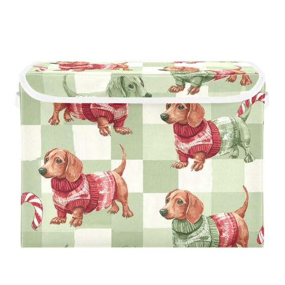 Green Plaids Dachshund Christmas Candy Cane Foldable Storage Bins with Lids Handles Collapsible Storage Containers Tote Boxes 16.5 x 12.6 x 11.8 inches