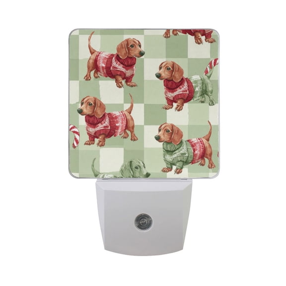 Green Plaids Dachshund Christmas Candy Cane LED Night Light Sensor Lamp Plug-in Adjustable Brightness 2 Pack