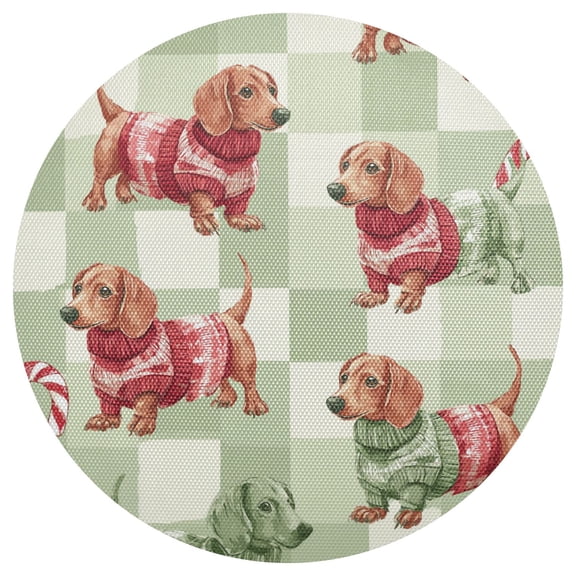 Green Plaids Dachshund Christmas Candy Cane PVC Round Grid Placemat Table Mat 1 Pc 15.4" x 15.4"