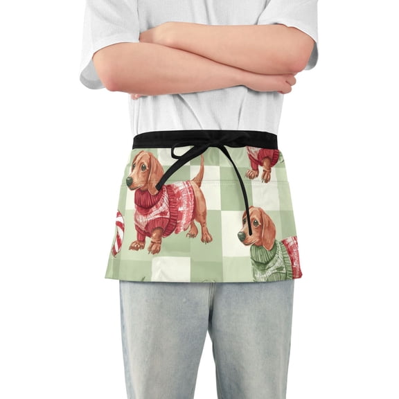 Green Plaids Dachshund Christmas Candy Cane Short Server Apron with 3 Pockets for Unisex Chef Gardening
