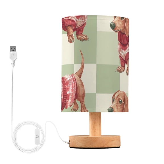 Green Plaids Dachshund Christmas Candy Cane Table Lamp with USB Port LED Warm Light Lamp Night Light Home Decor