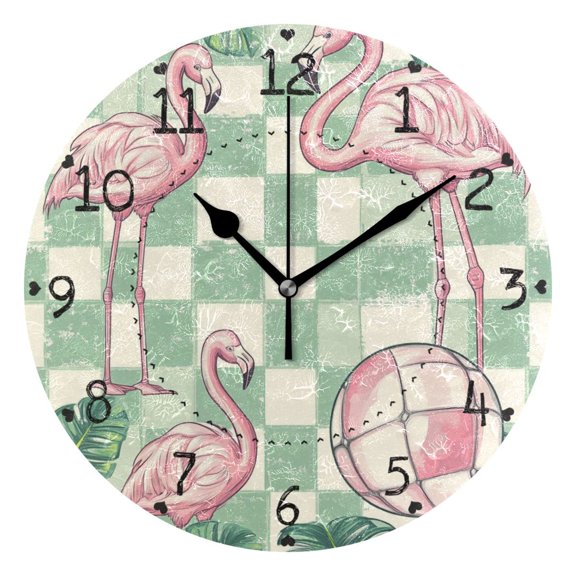 Green Plaids Flamingos Balls Leaves Round Wall Clock Silent Analog Battery Operated Black Pointer Home Decor 9.84" Diameter