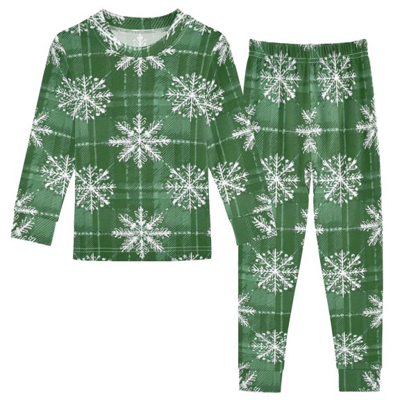 Green Plaids Snowflakes Christmas Cotton Pajama Set Long Sleeve Top and Pants Sleepwear Unisex 6Y