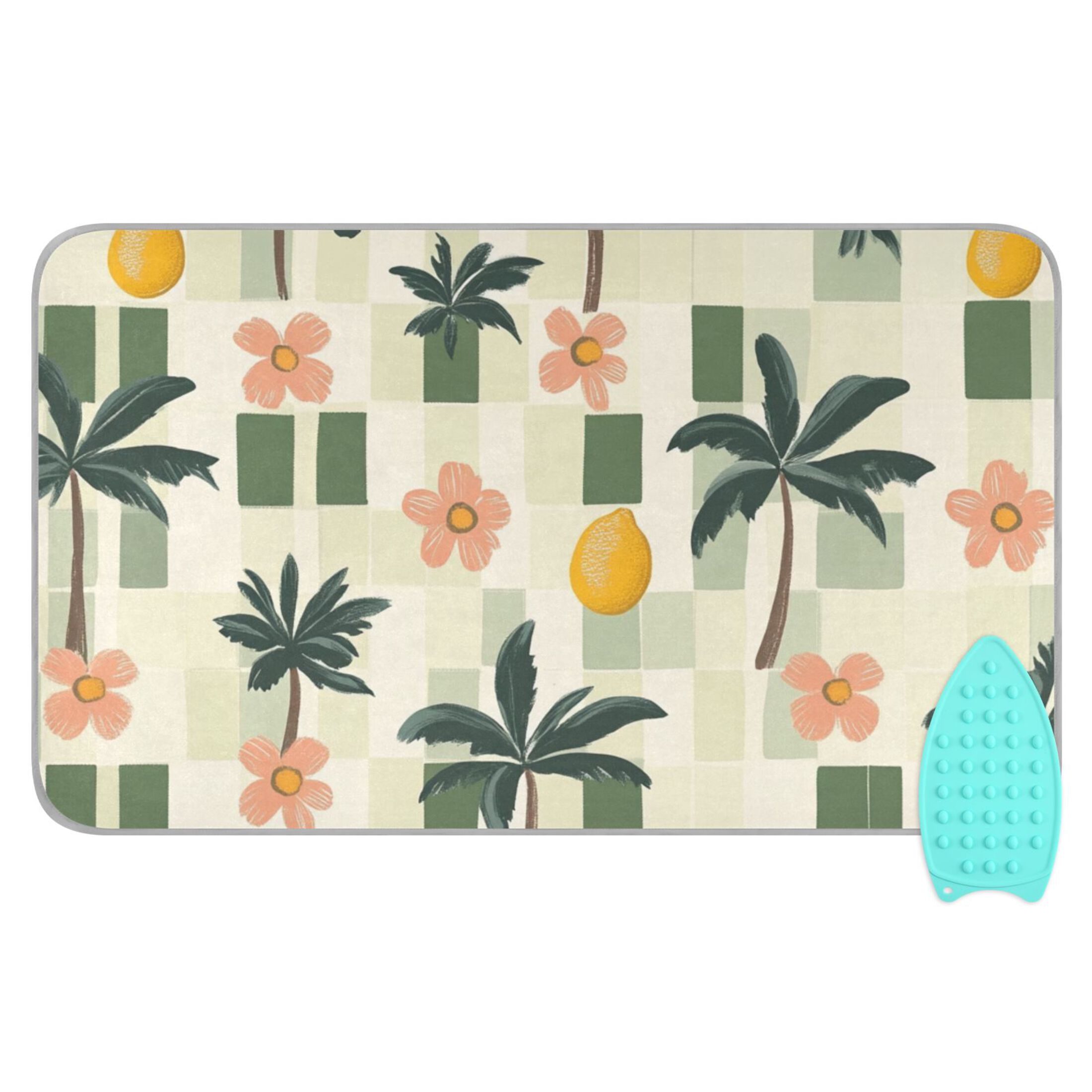 Green Plaids Trees Flowers Lemons Tropical Ironing Mat Blanket Portable Travel Ironing Pad Heat Resistant Pad 47.2" x 27.6”