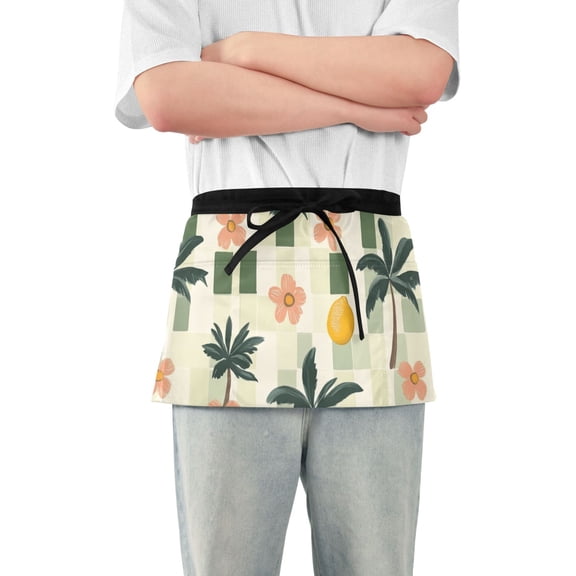 Green Plaids Trees Flowers Lemons Tropical Short Server Apron with 3 Pockets for Unisex Chef Gardening