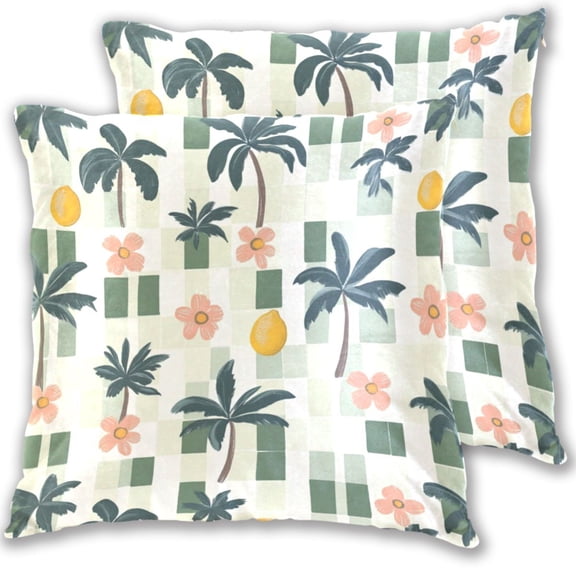 Green Plaids Trees Flowers Lemons Tropical Throw Pillow Covers Pillowcases 20 x 20 Inch Home Decor 2 Packs for Bedroom Sofa