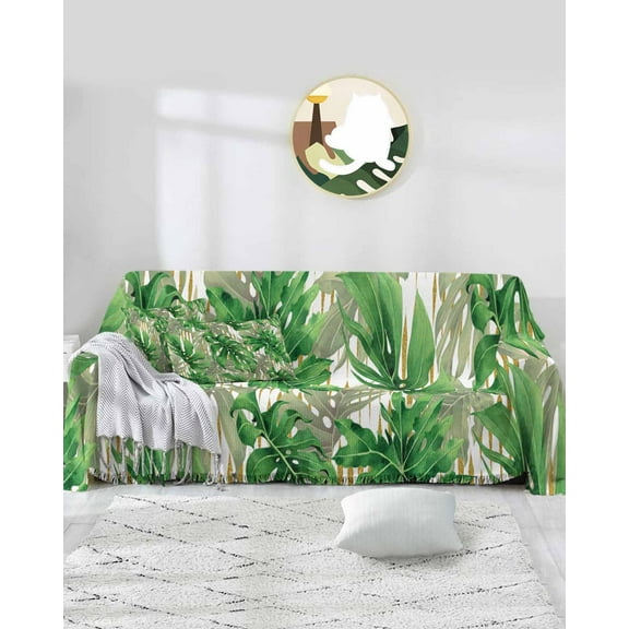 Green Plam Leaves Sofa Covers for 3 Cushion Couch,Washable Sectional & L Shape Couch Covers for Dog/Cat/Kids,Summer Tropical Plant Non Slip Sofa Slipcover Tassel Futon Cover 71''x150''