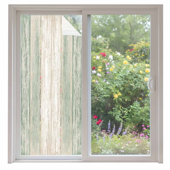 Green Planks Window Privacy Film Farmhouse Vertical Wood Grain Decorative Glass Window Film UV Blocking Static Cling Non-Adhesive Sticker Covering for Home Door 35.4x78.7 inches