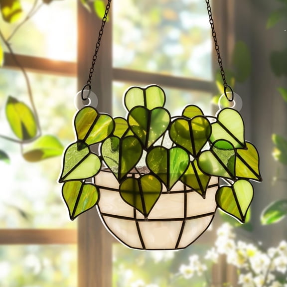 Green Plant Acrylic Suncatcher, Handmade Window Hanging Home Garden Patio Decor, Gift For Plant Lover Her