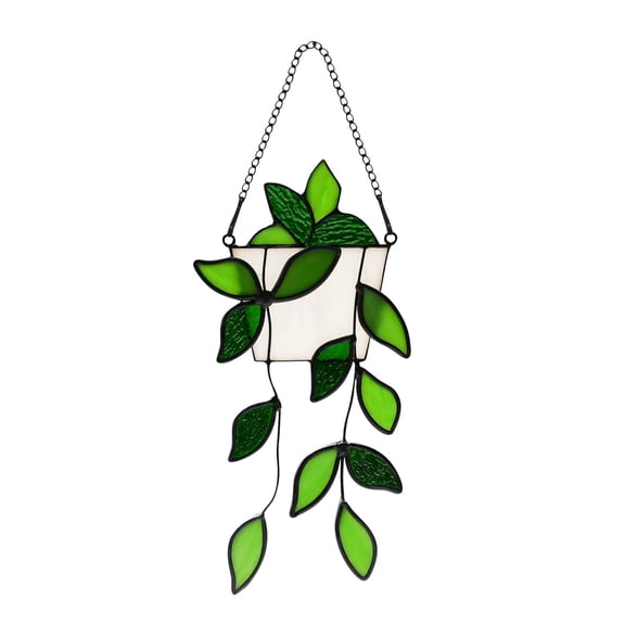 Green Plant Artificial Decoration, Handmade Green Fake Plant Stained Glass Window Hanging, Artificial Plant Light Catcher Decorative Plant Gift For Plant Lover