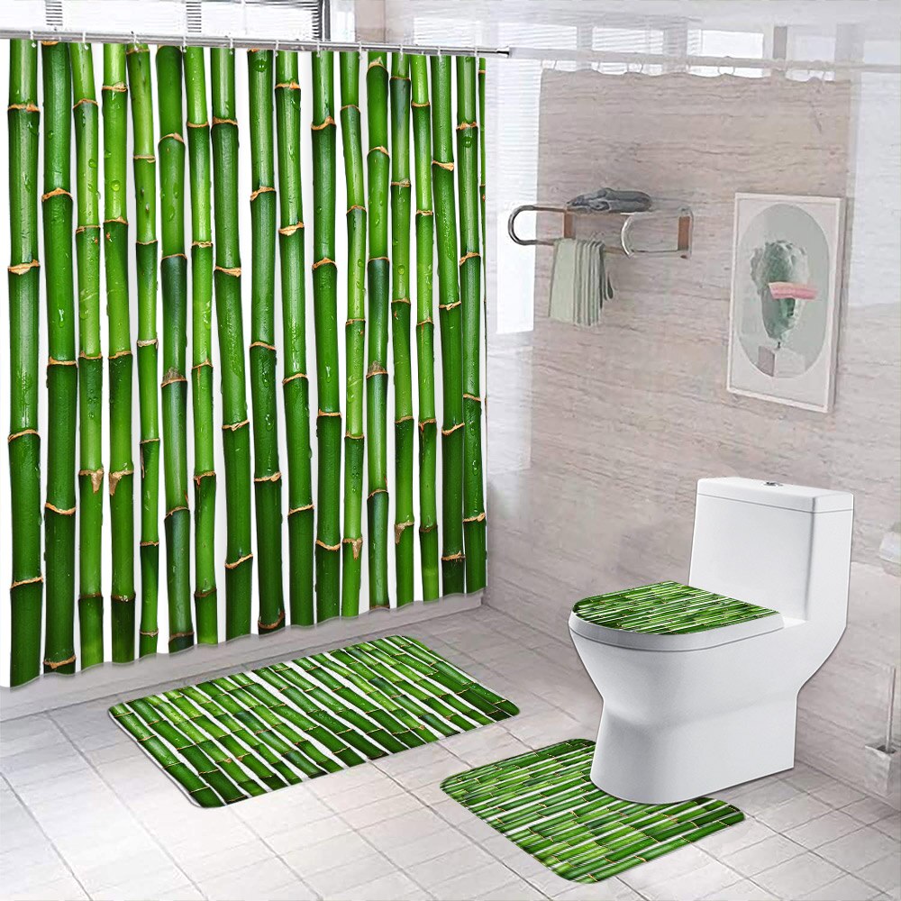 Green Plant Bamboo Printed Shower Curtains NonSlip Bath Mats Spring